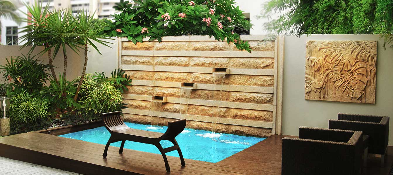 koi pond with cascading water feature