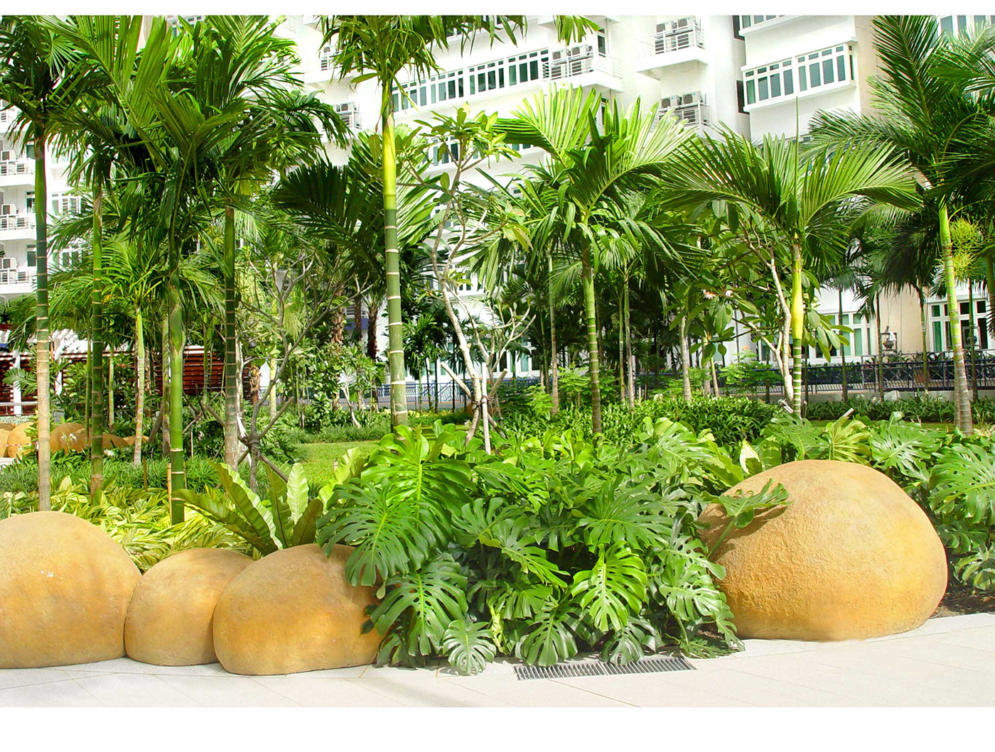 artistic rockscape and plantscape outside the building