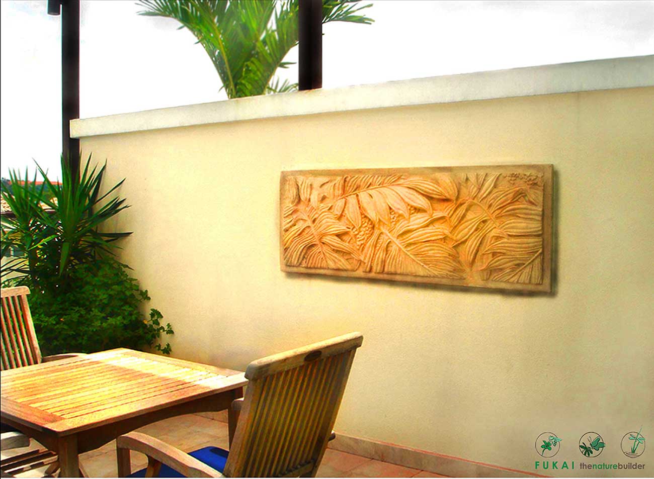 stylish wall carving and a rattan table set
